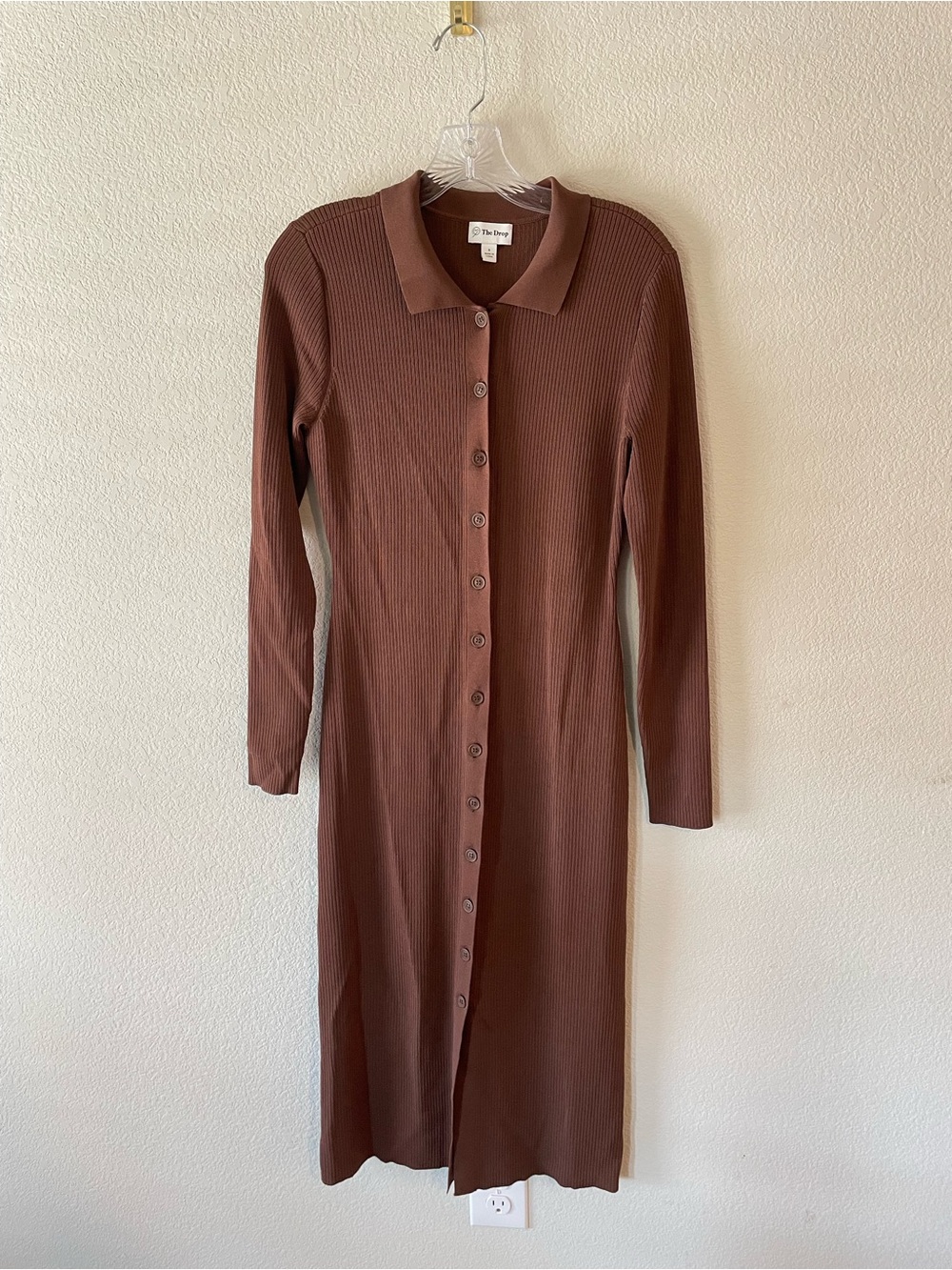 The Drop Collared Brown Ribbed Button-Front Long Sleeve Midi Dress